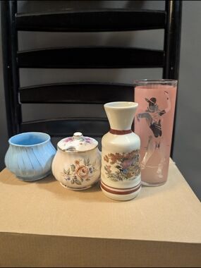 Two Sadler Sugar Dishes,Cowboy Glass, And Saki